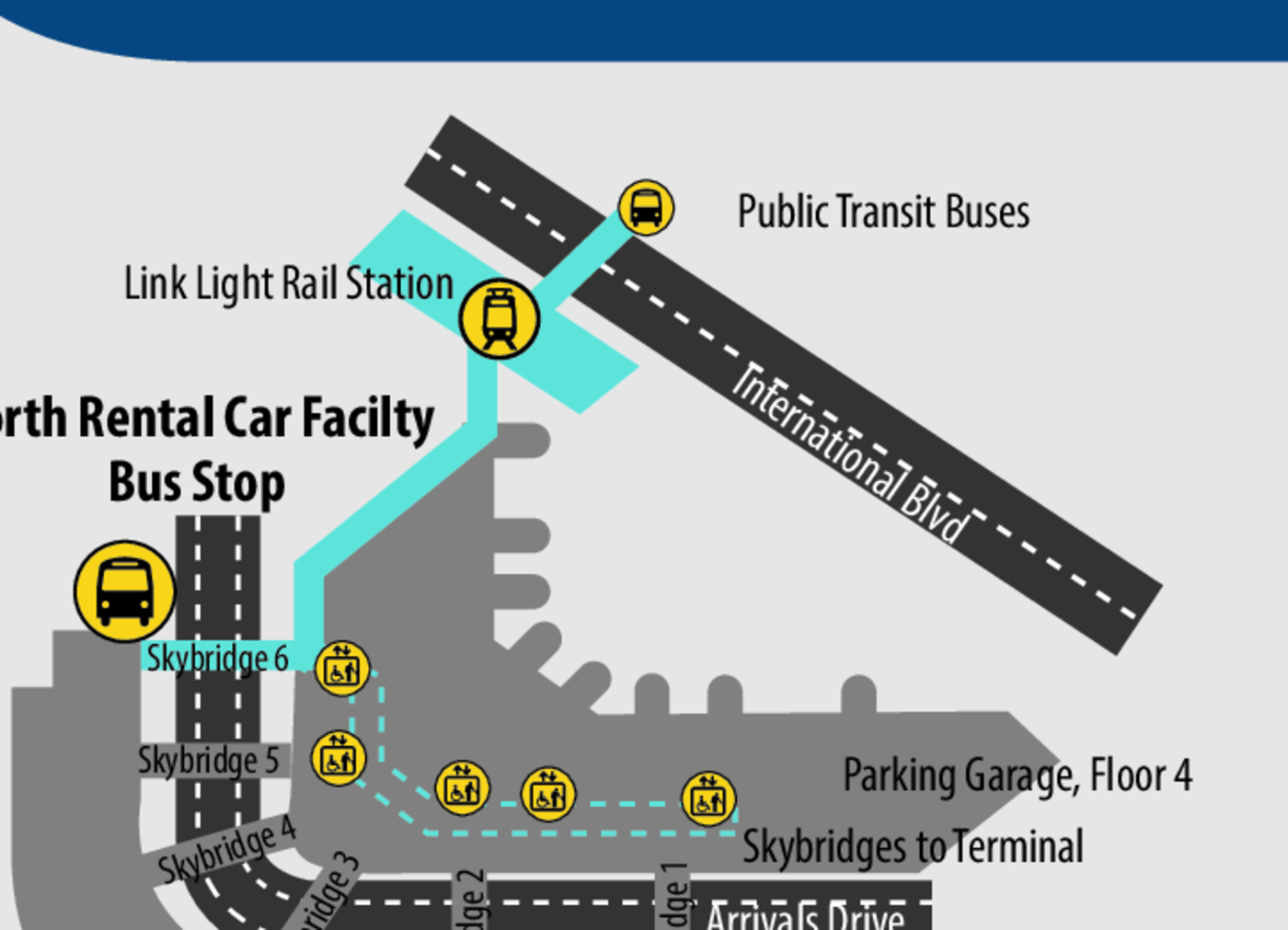 Sea-Tac Airport Rental Car Shuttle Map --- Islands 1 and 16, skybridges, and Link Light Rail